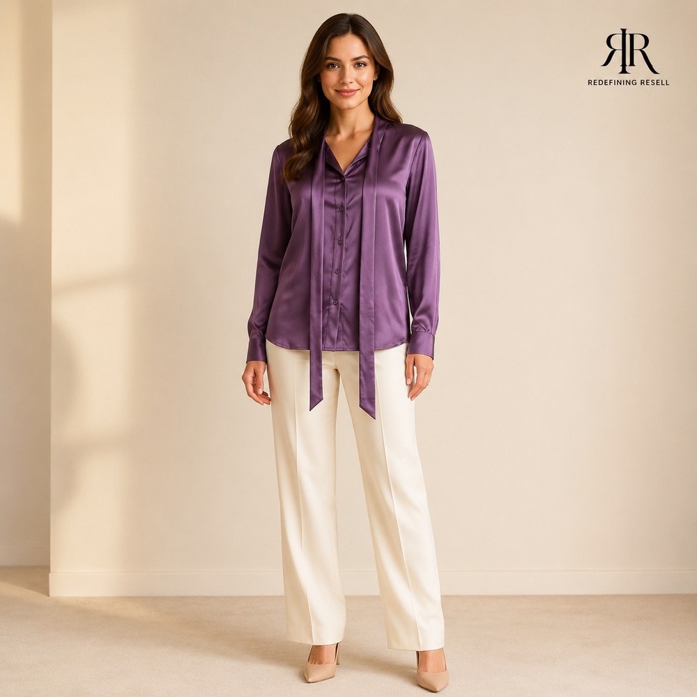 View Womens Purple 100% Silk Tie Neck Button Up Long Sleeve Blouse Size S